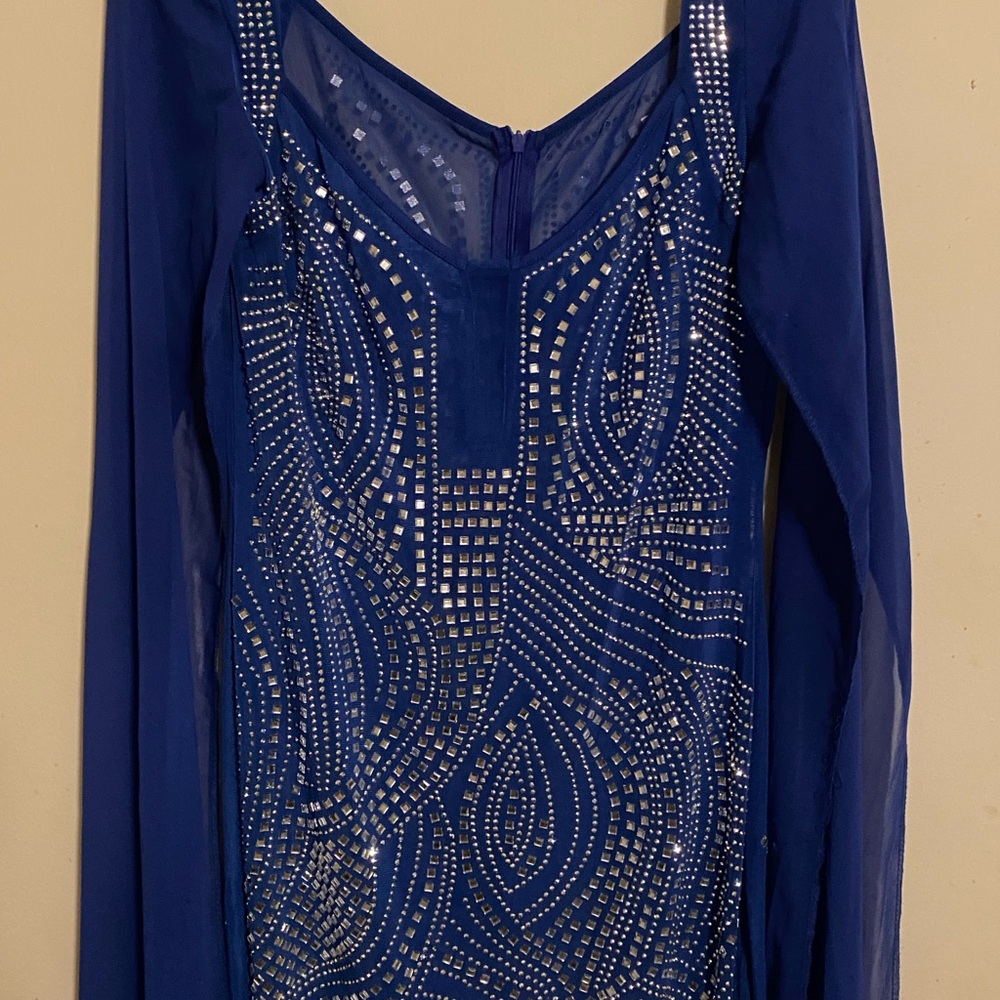 Blue Rhinestone Studded Embellished Long Sleeve Bodycon Dress